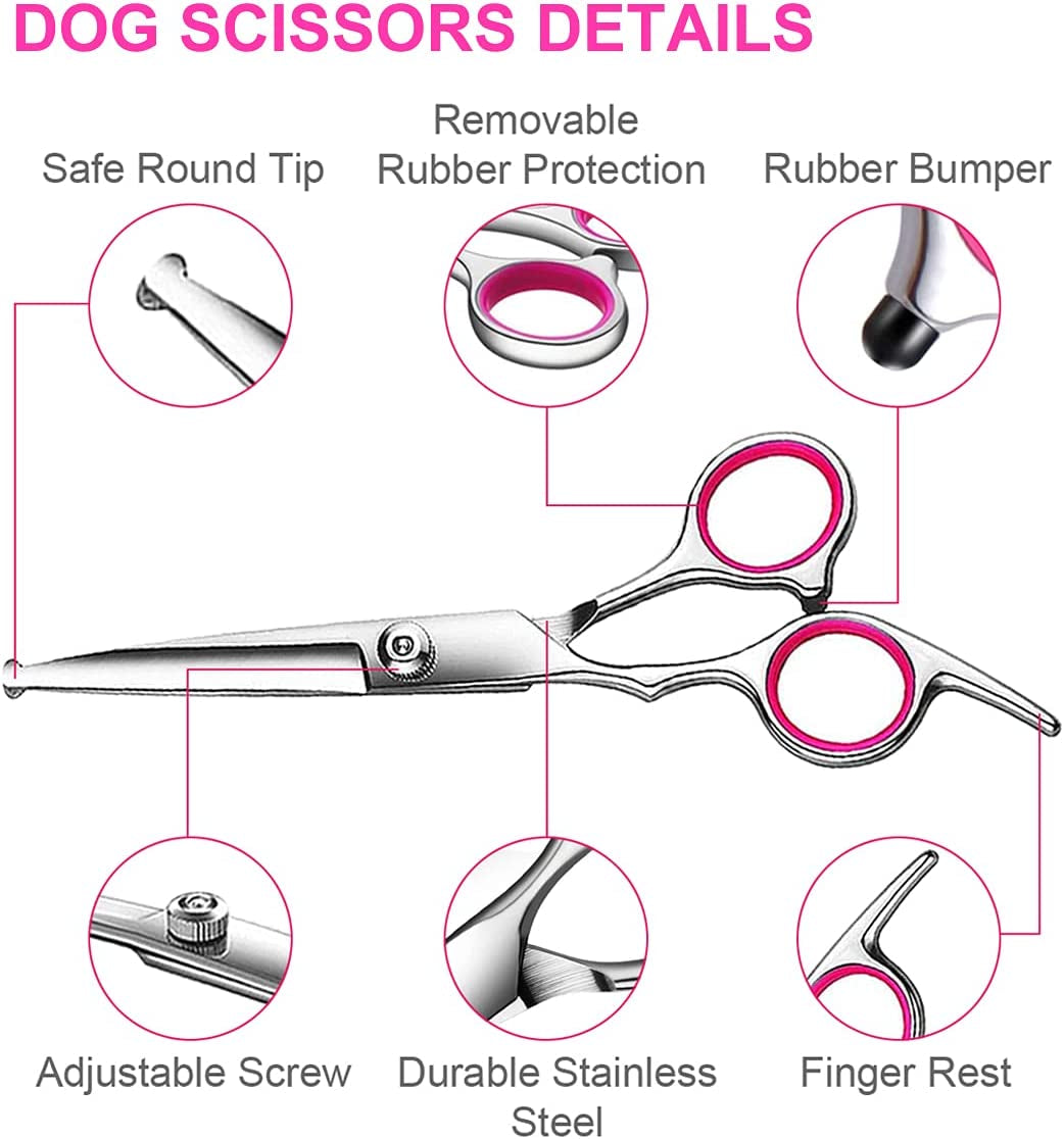Dog Grooming Scissors Kit with Safety round Tips, Stainless Steel Professional Dog Grooming Shears Set - Thinning, Straight, Curved Shears and Comb for Long Short Hair for Dog Cat Pet