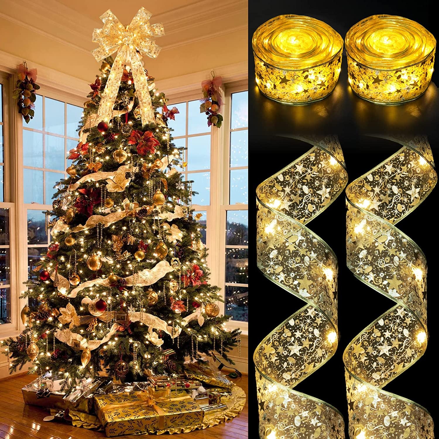 40Ft 120 LED Christmas Ribbon Lights, Gold Christmas Decorations Fairy Lights Wider Double Layer Ribbon Bows Battery Operated Copper Wire Strings Lights for New Year Party Christmas Tree Decor