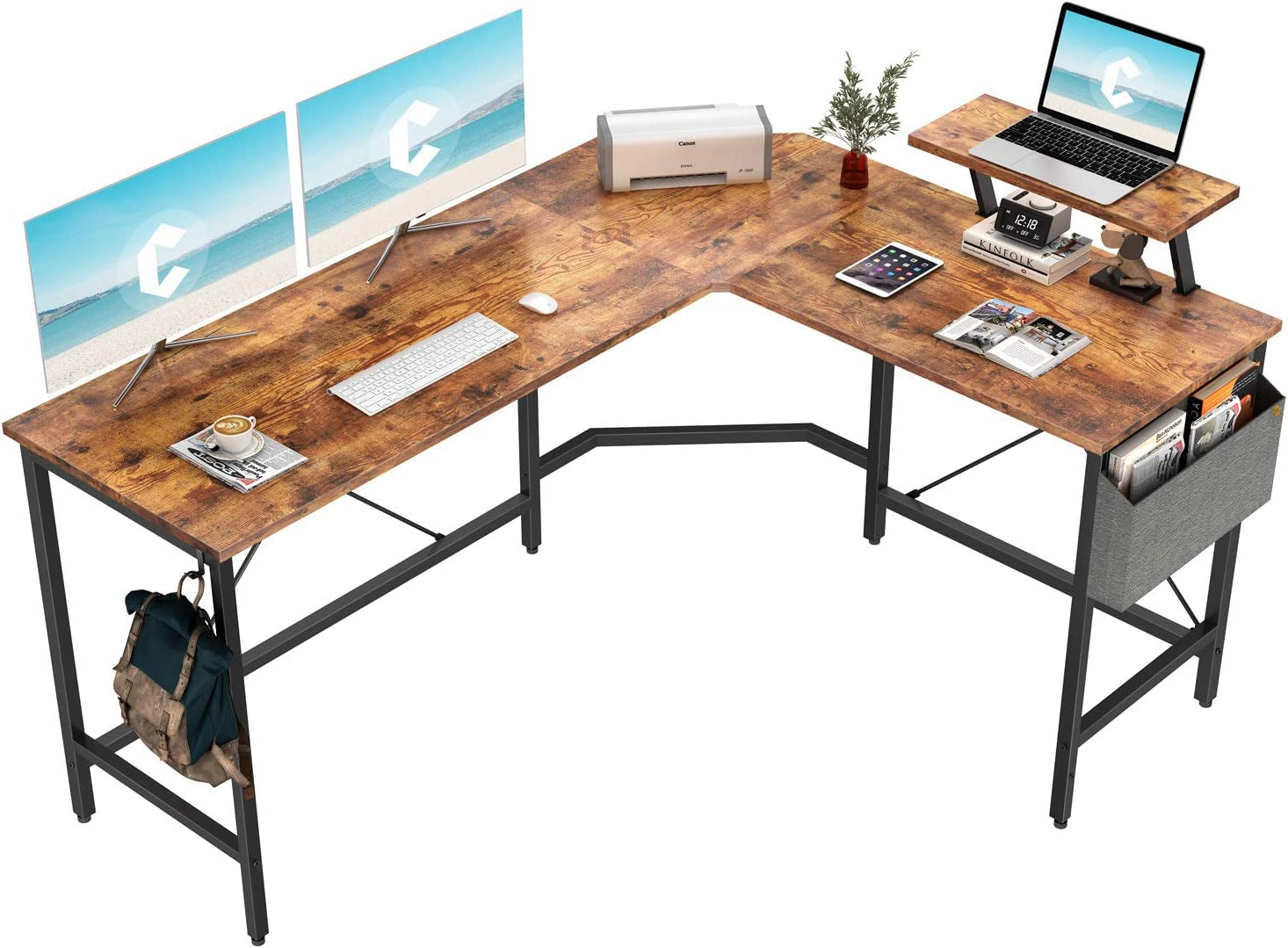 Modern L-Shaped Computer Office Desk, Corner Gaming Desk with Monitor Stand, Home Office Study Writing Table Workstation for Small Spaces, Black