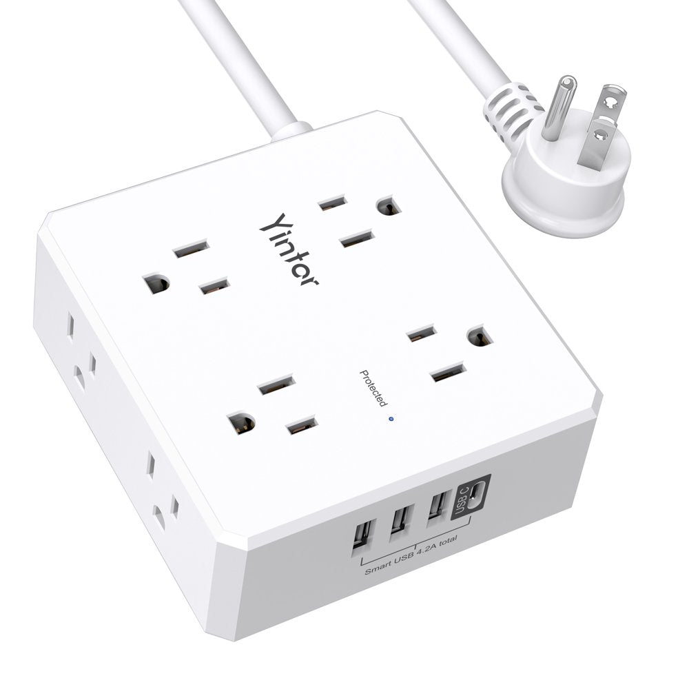 6 Ft Extension Cord Power Strip,Yintar 3 Side 8 Widely Surge Protector Outlets with 4 USB Ports,Flat Plug,Wall Mount,Etl,White