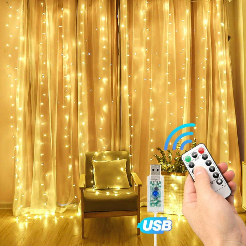 9.8Ft Window Curtain String Light Outdoor,  300 LED Curtain Fairy Lights with Remote Timer, USB Powered Twinkle Lights with 8 Lighting Modes for Home 