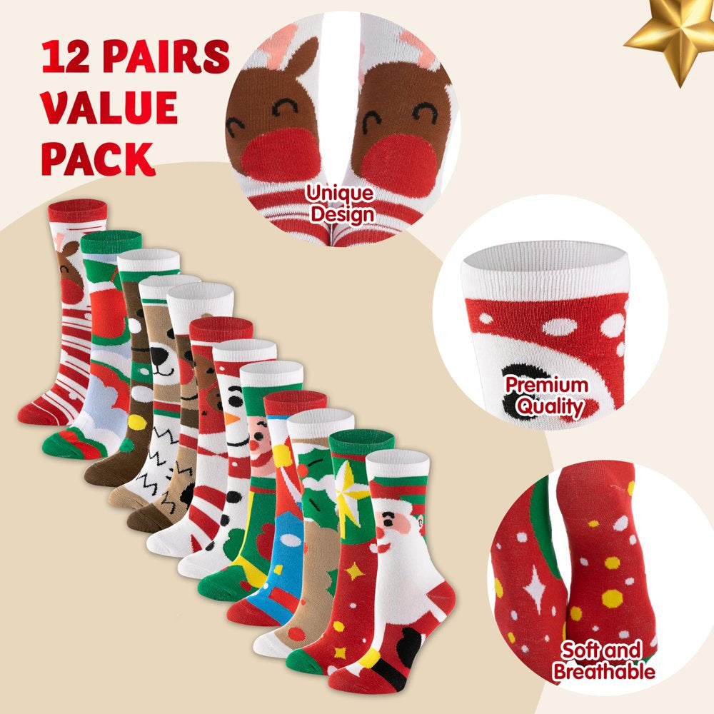 12 Pairs Christmas Holiday Cotton Socks Set