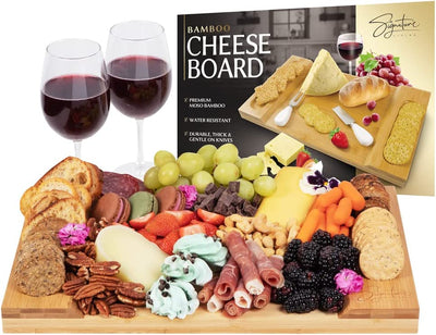 Signature Living Large Bamboo Cheese Board Charcuterie Board (16" X 10" X 1.2") Beautiful Serving Platter for Cheese, Crackers, Meat, Fruit - Durable Wooden Charcuterie Serving Board