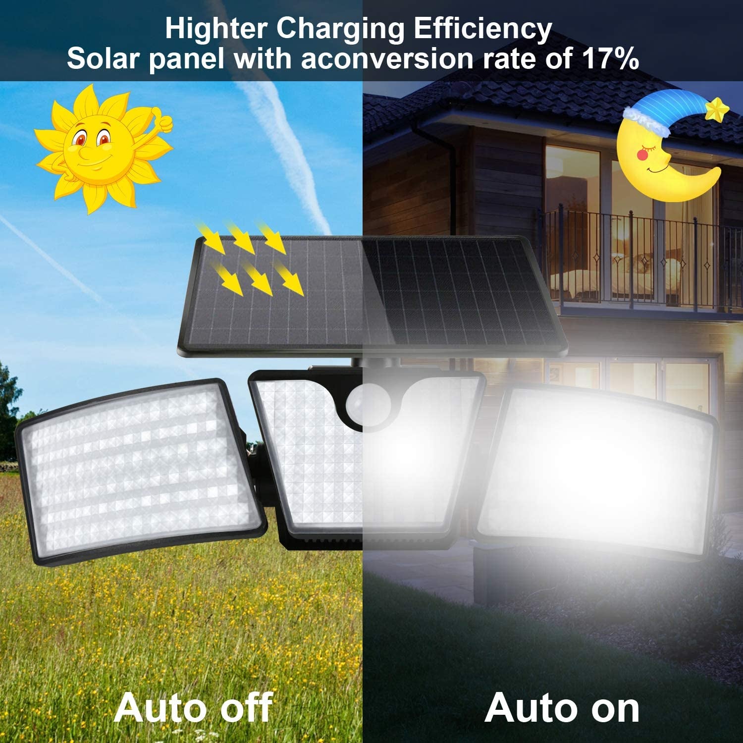 Upgrade Solar Security Lights Outdoor 265 LED, Super Bright Adjustable 360° 3 Heads with 2 Modes, Motion Sensor 40Ft - IP65 Waterproof Flood Spotlights for Garden Patio