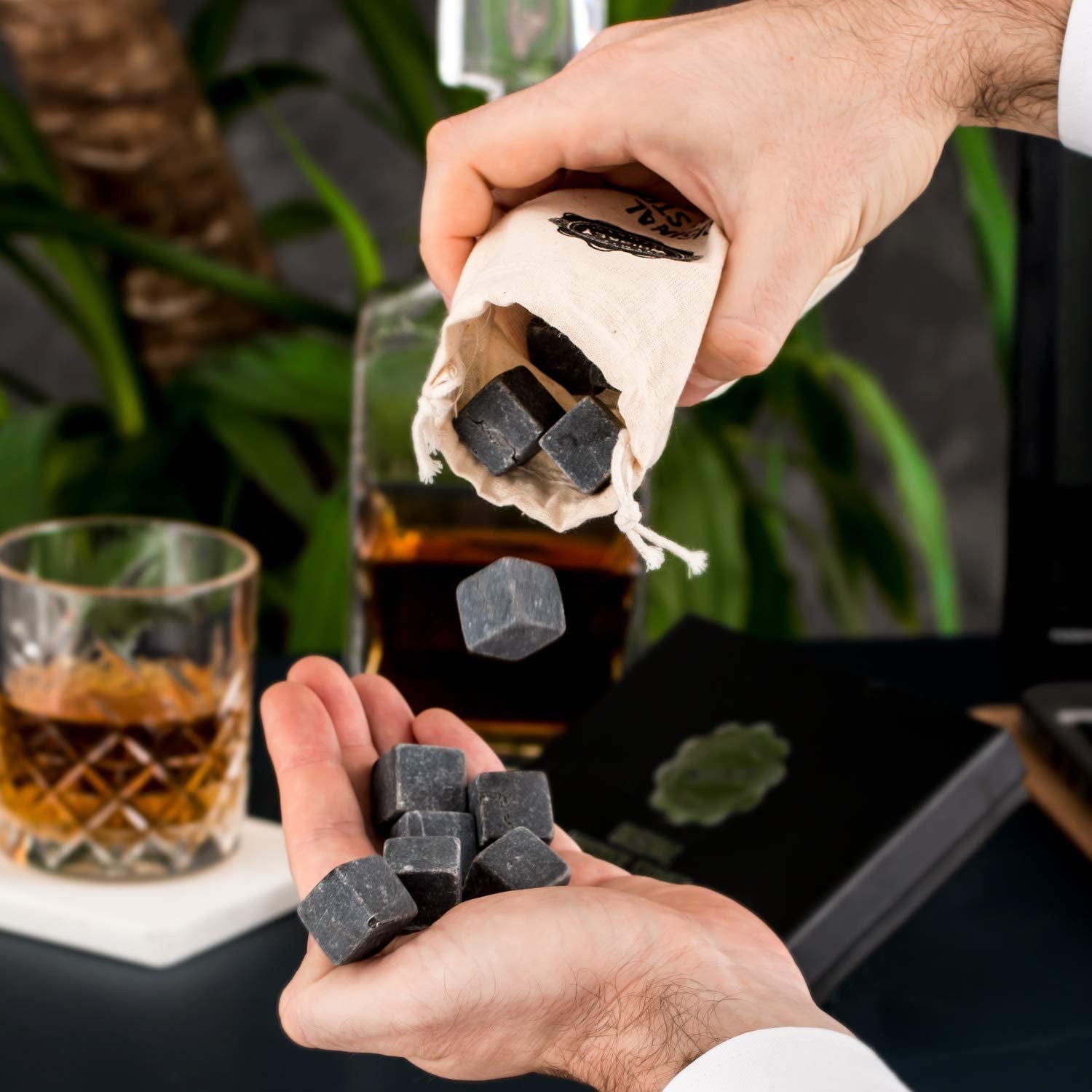 Premium Whiskey Stones Gift Set with 12 Pcs Stones and Bag. Whiskey, Bourbon, Cognac, Scotch,Gin, Wine Beverage. Marble Reusable Ice Cubes. Birthday Gift for Whiskey Lovers.… (Dark Grey)