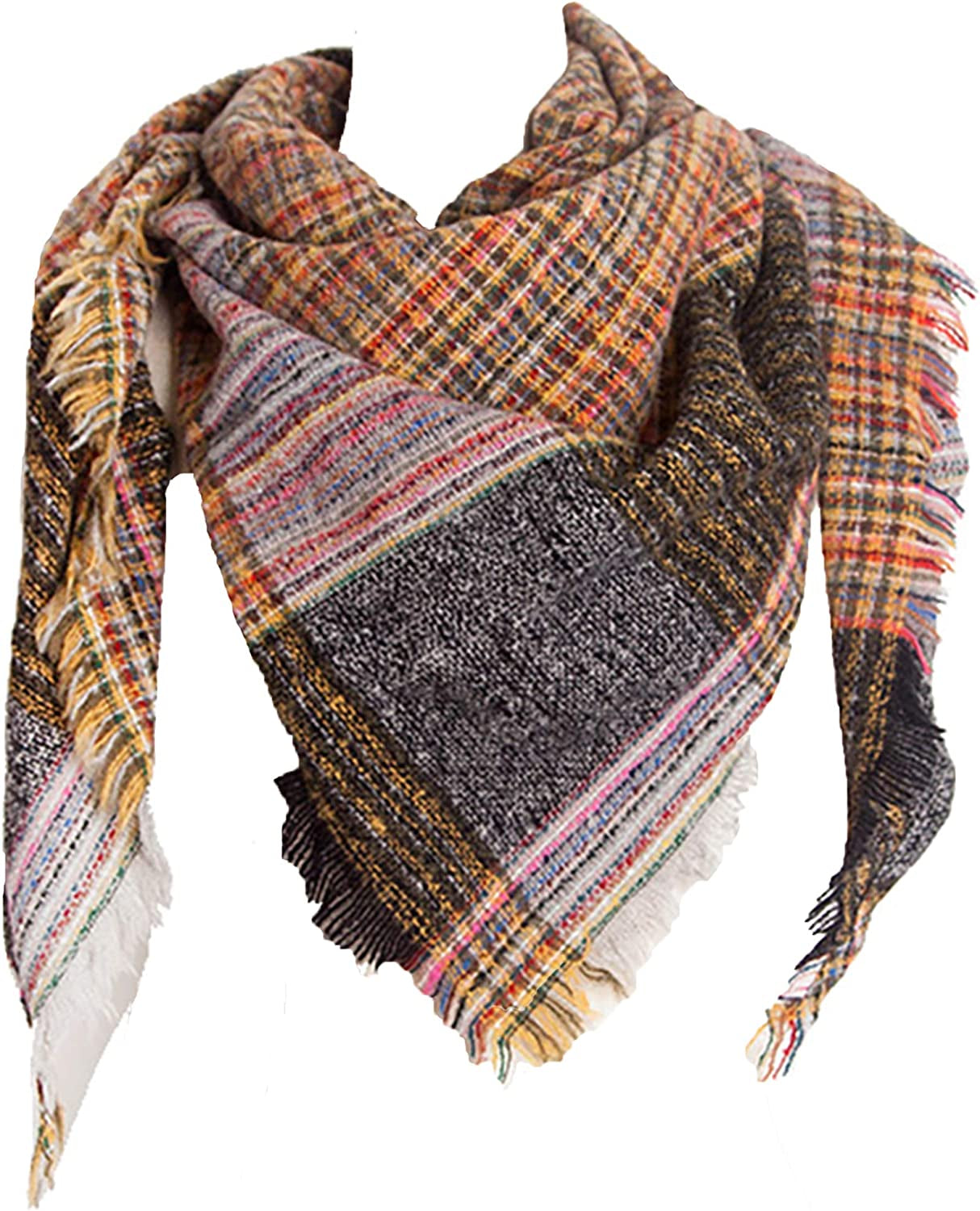 Womens Warm Scarf Triangle Shawls Winter Scarves Stripe Plaid Fichu Rough Surface