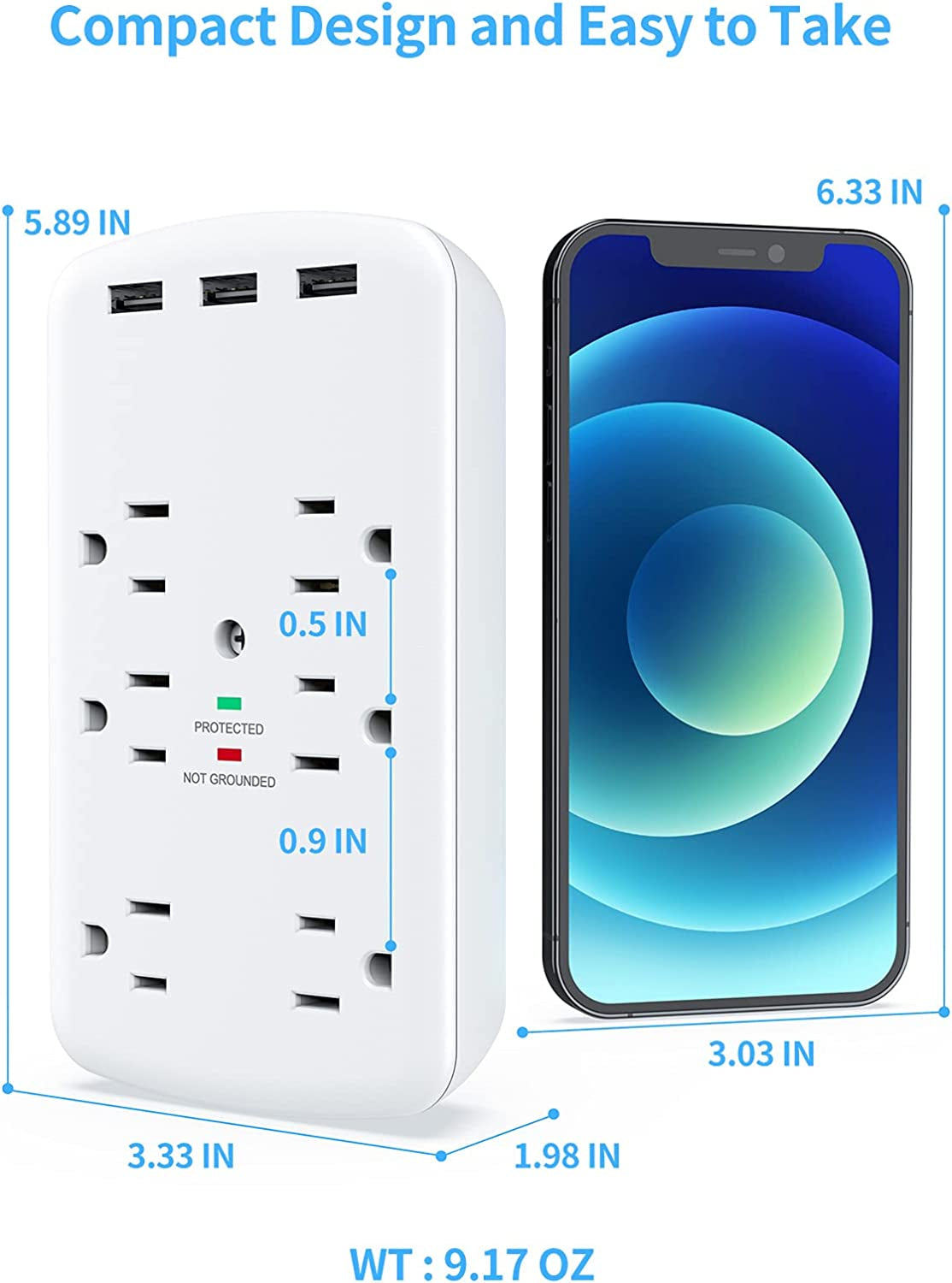 USB Outlet Extender, USB Wall Charger Surge Protector Wall Outlets 6AC Outlets Plug Extender Splitter with 3 USB Ports 1728J Power Strip Multi Plug Outlets Adapter for Home, Office, Travel