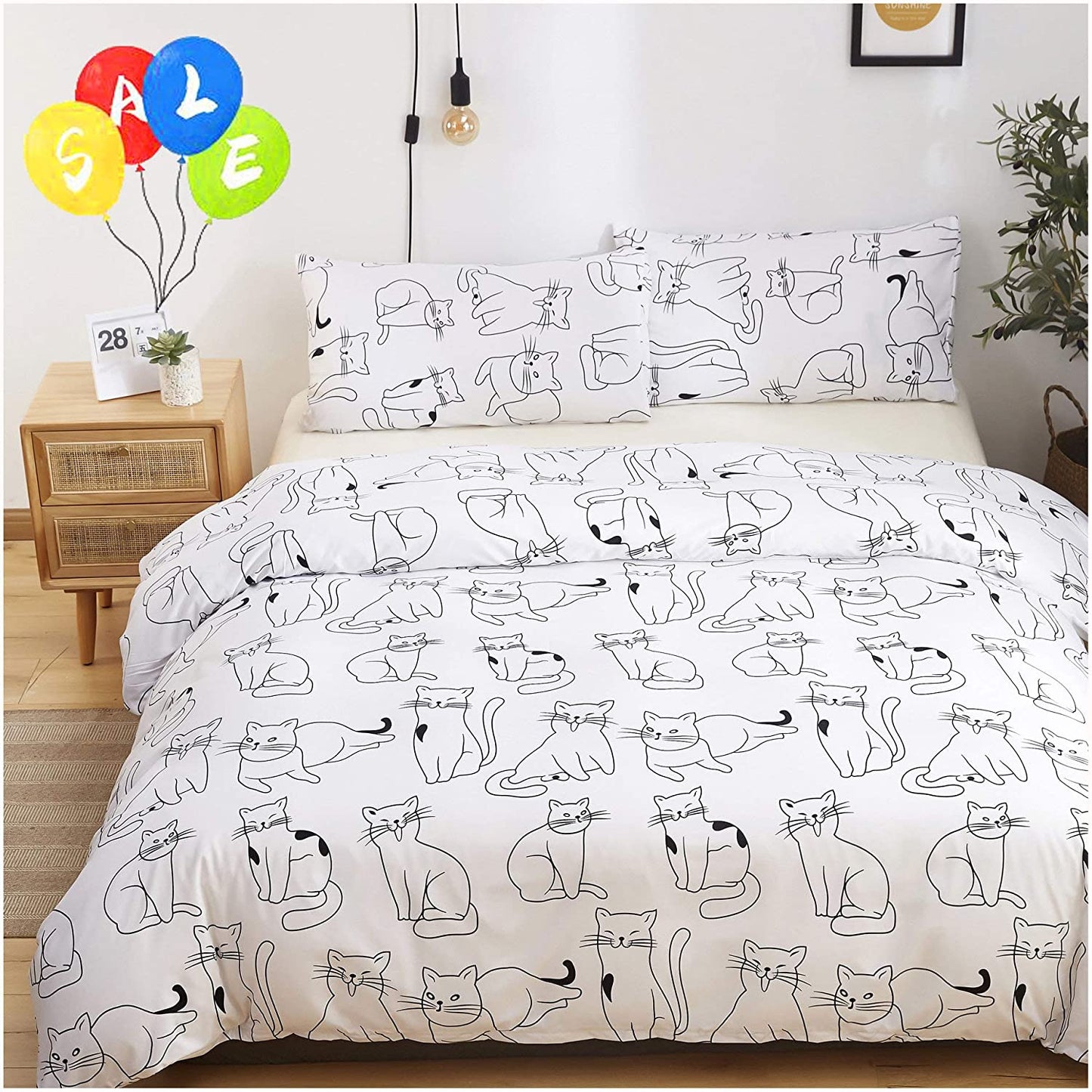 3 Pieces Cats Pattern Duvet Cover Set, Premium Microfiber, Cute Cats Pattern on Comforter Cover-3Pcs: 1X Duvet Cover 2X Pillowcases, Comforter Cover with Zipper Closure