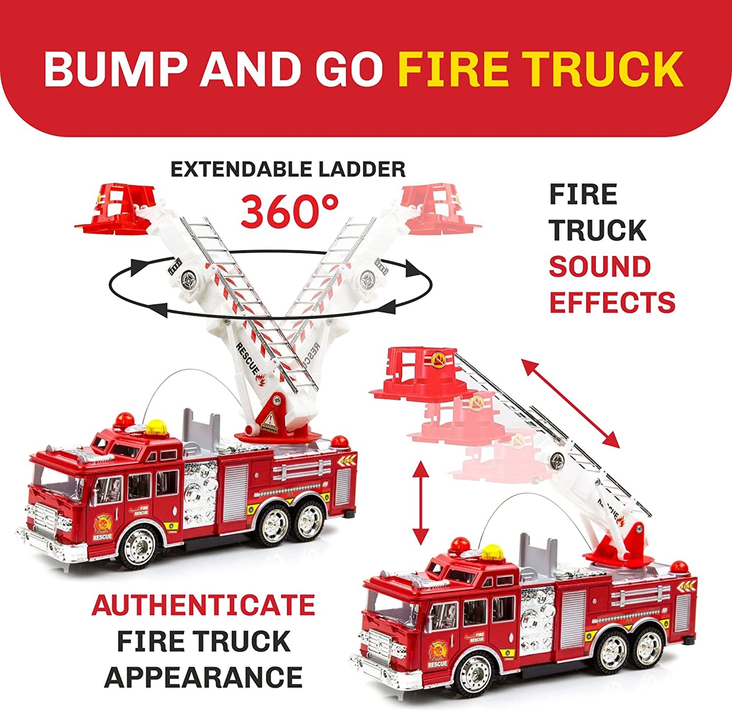 Toysery Fire Truck Toy with 3D Flashing Lights, Siren and Fire Fighter Sounds Effects. Extendable Rotating Rescue Ladder for Boys & Girls Ages 3-7+