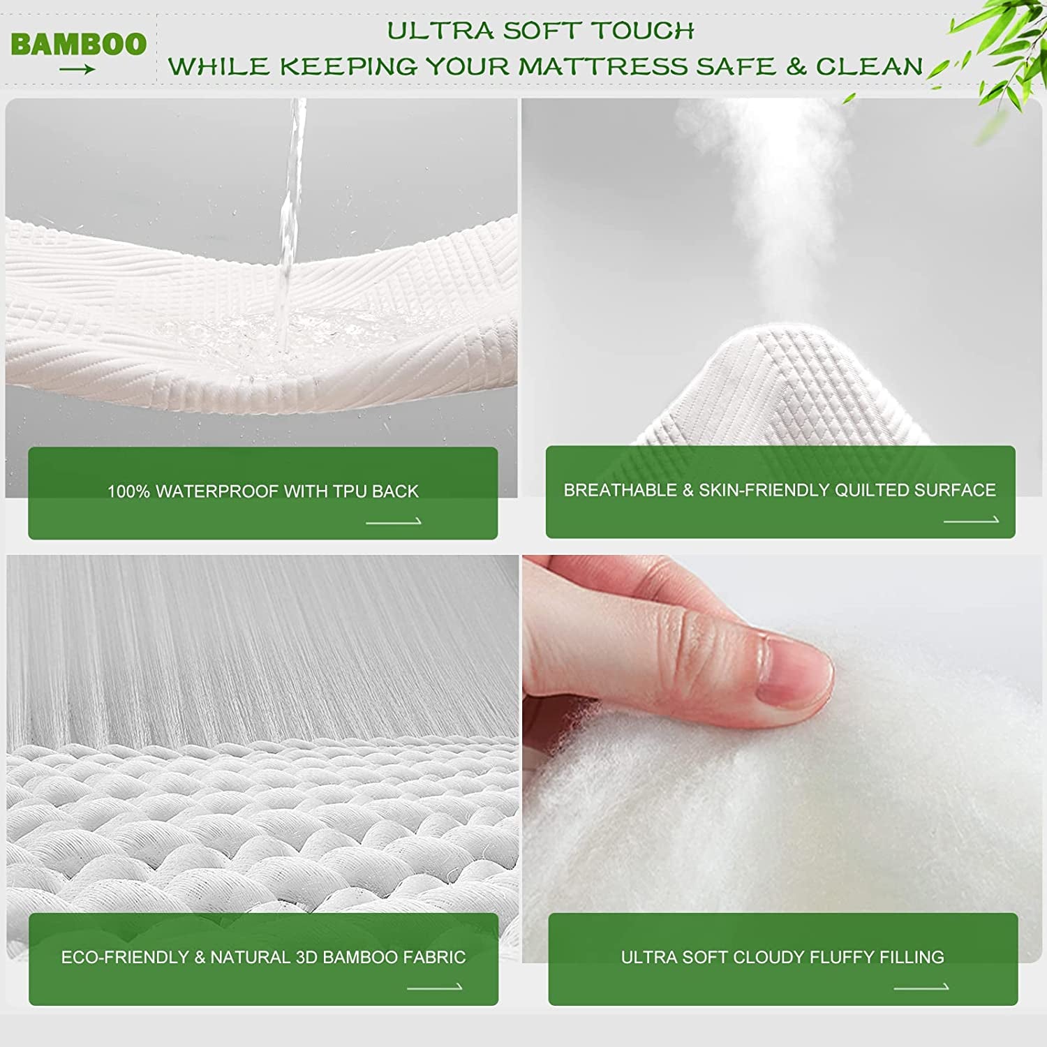 GRT Bamboo Cooling Waterproof Mattress Protector Twin Size - 3D Air Fiber Mattress Cover Breathable Ultra Soft, Mattress Pad Noiseless Fits up to 19'' Deep Mattress Washable