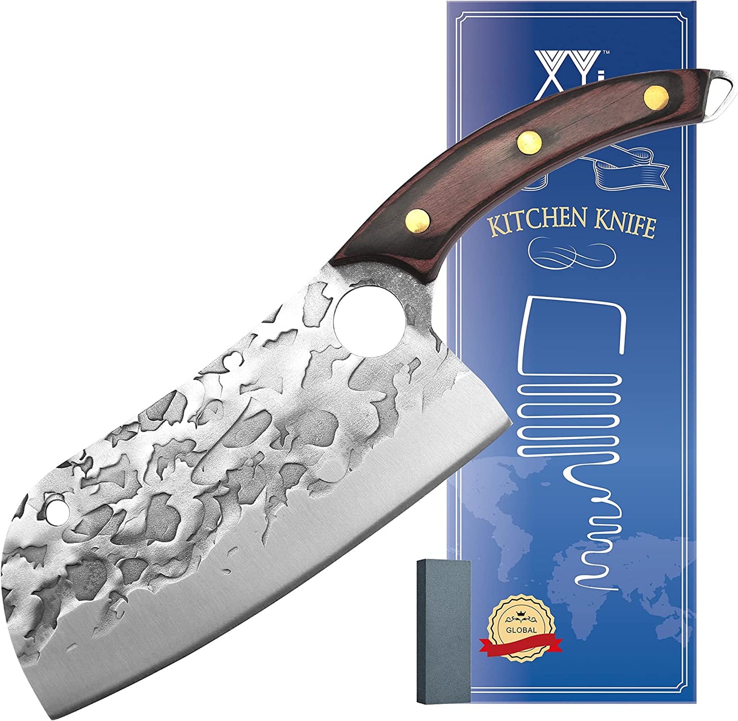 7.5” Full Tang Chopping Knife Ultra Sharp High Carbon Steel Meat Slicing Vegetable Chopper Fixed Non-Stick Hammer Blade Finger Hole Effort Saving Design