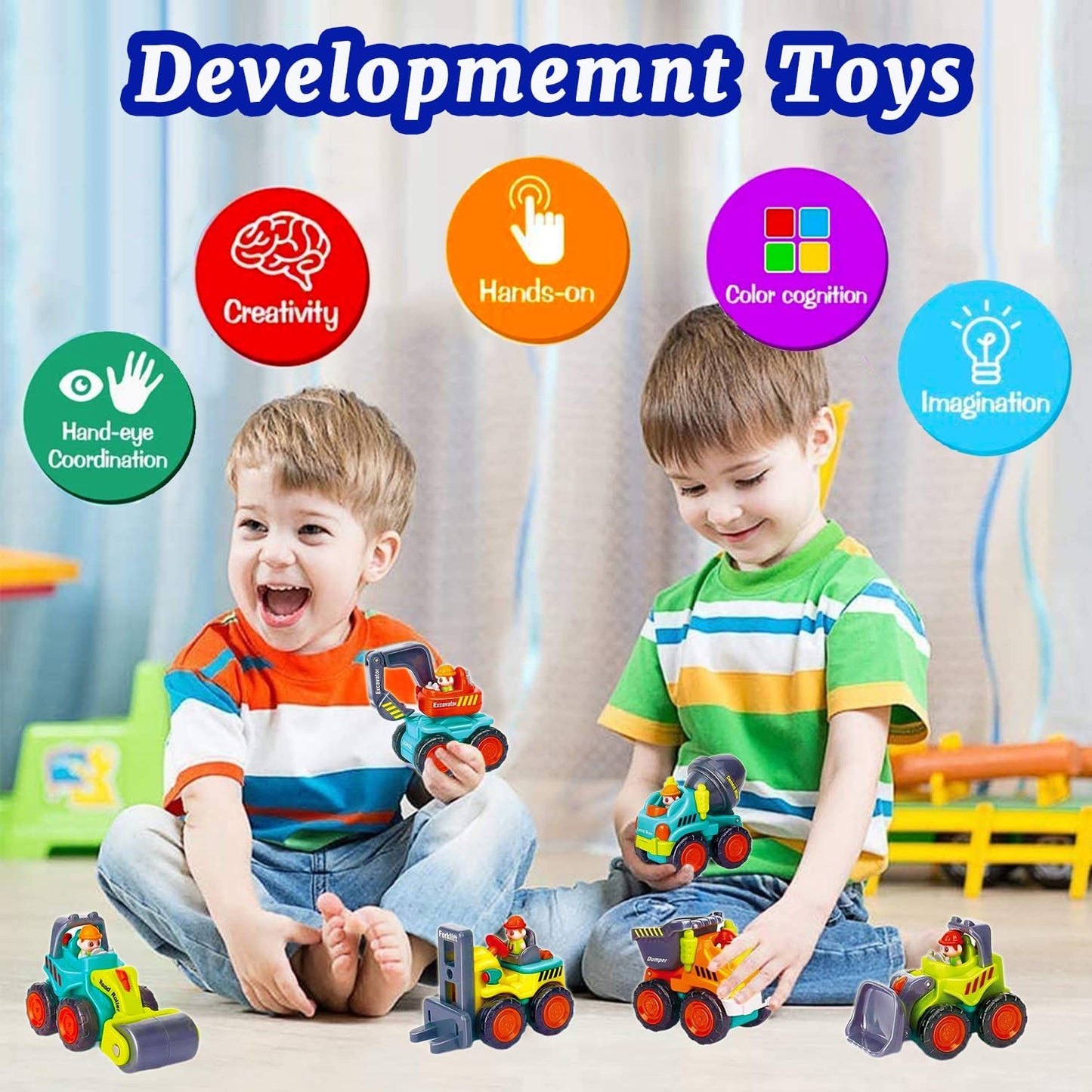 Mini Toddler Construction Vehicles Playsets - Dump Truck , Excavator, Bulldozer, Cement Mixer, Forklift, Road Roller, Construction Car Toys for 12 to 18 Months Old Boy