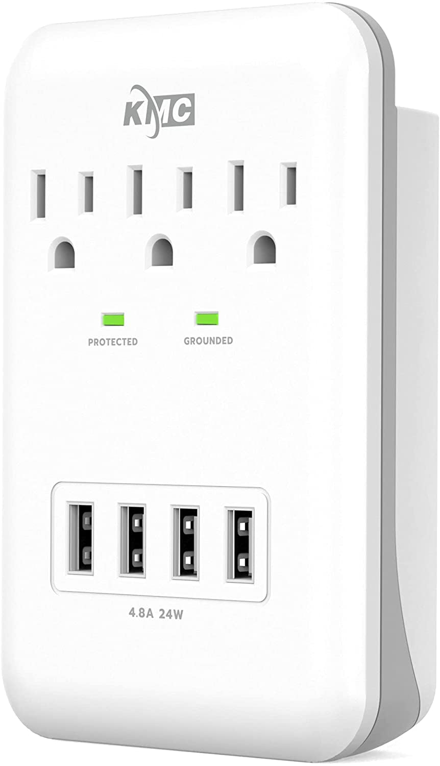 3-Outlet Wall Mount Surge Protector, 900 Joules, 4 USB 4.8 AMP USB Charging Ports, Phone Holder Cradle for Home, School or Office, ETL Certified