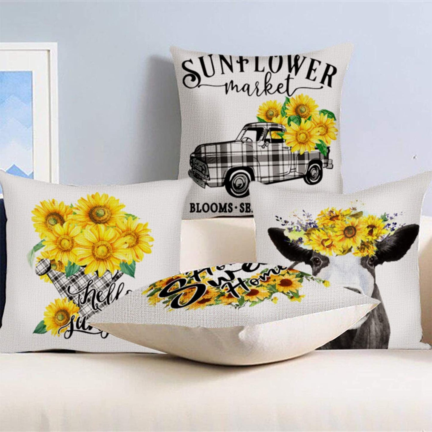 Set of 4 Decorative Farmhouse Pillow Cover - Sunflowers