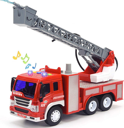 Fire Truck Toy with Lights and Sounds, 10.5" Friction Powered Car Fire Engine Truck with Water Pump, Sirens and Extending Ladder Firefighter Toy Truck for Toddler, 1:16 Scale Toy Car