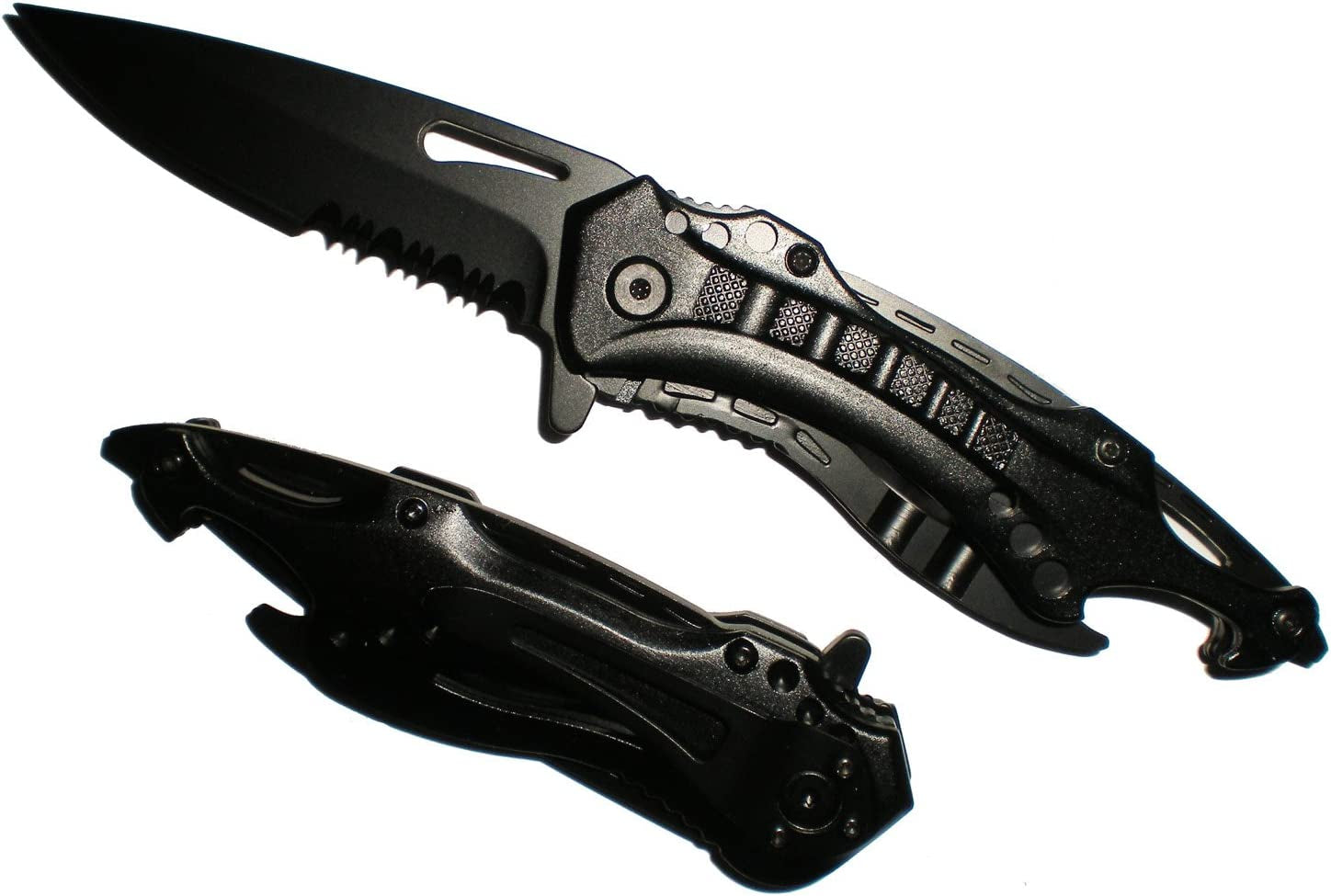 Tactical Assisted Opening All Black Bottle Opener Pocket Knife with Glass Breaker