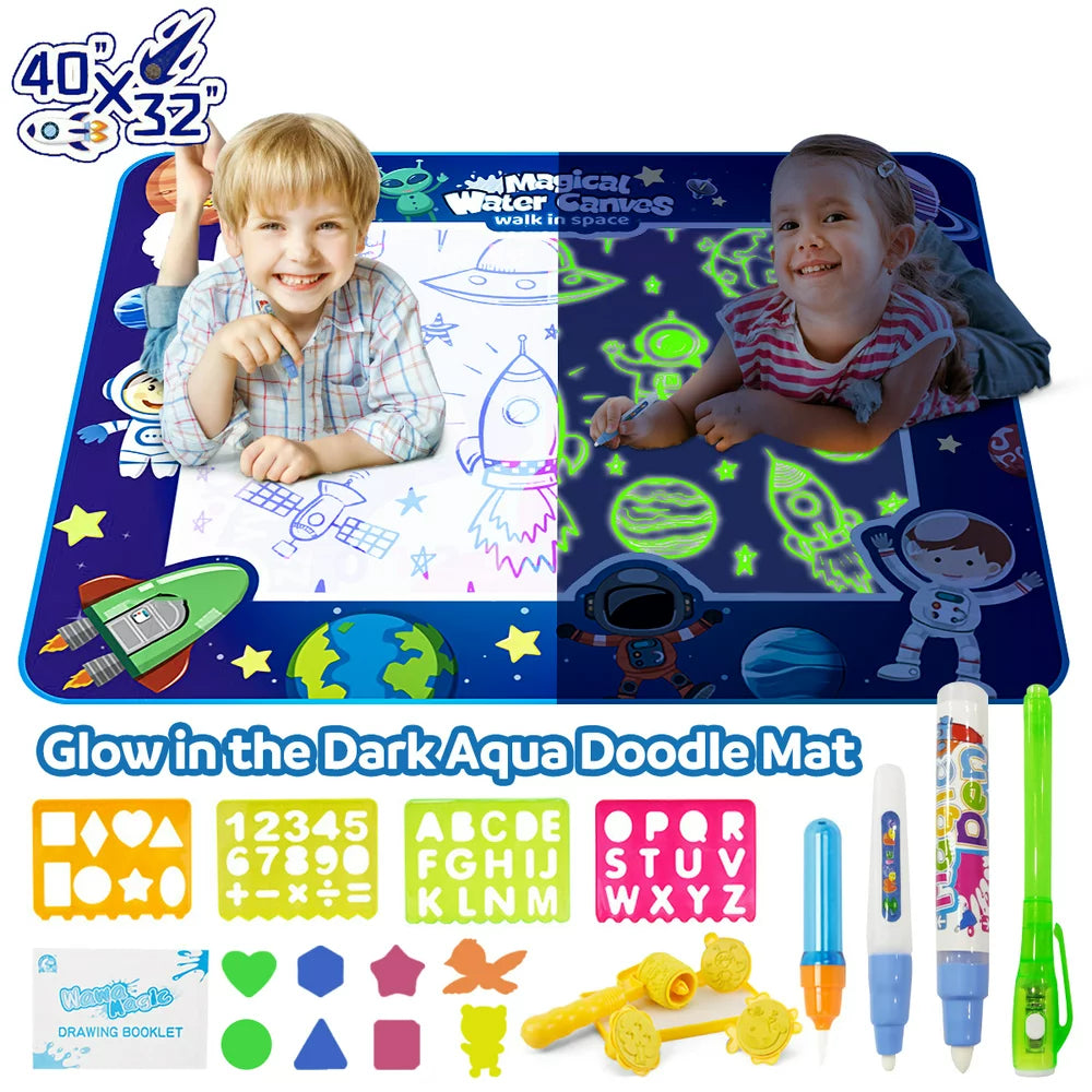 40X32 Inches Luminous Magic Doodle Drawing Mat Glow in the Dark, Extra Large Water Drawing Mat Toddler Toys Gifts, Paint Writing Color Mat Kids Toys for Age 3-12 Years Old Toddler