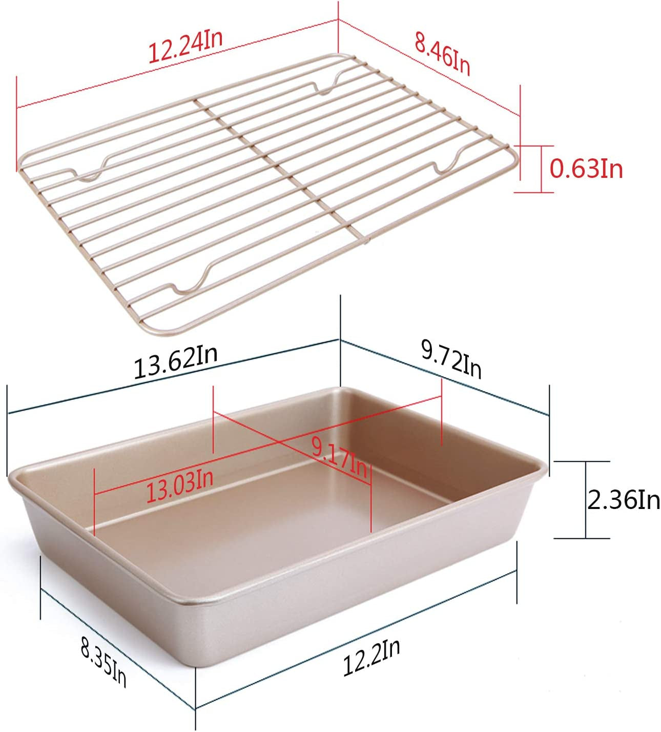 Turkey Roasting Pan with Rack Heavy Duty Carbon Steel Nonstick Bakeware 13 Inch Roaster with Cooling Rack Dishwasher Safe Easy Clean (Gold)