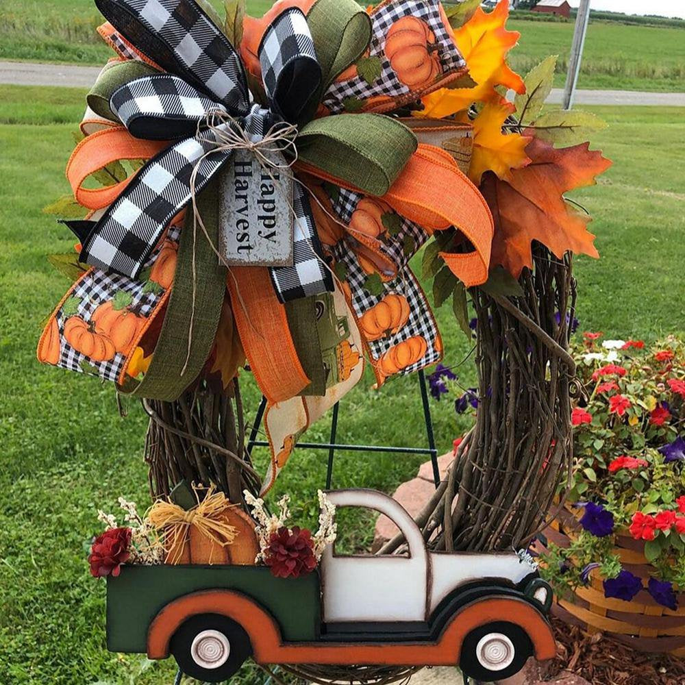Vintage Pumpkin Truck Fall Wreath Decoration, Halloween Farmhouse Wreath Decorations,Green Pickup Truck, Wooden Pumpkin Patch, Autumn, Porch, Door, Home Decorations