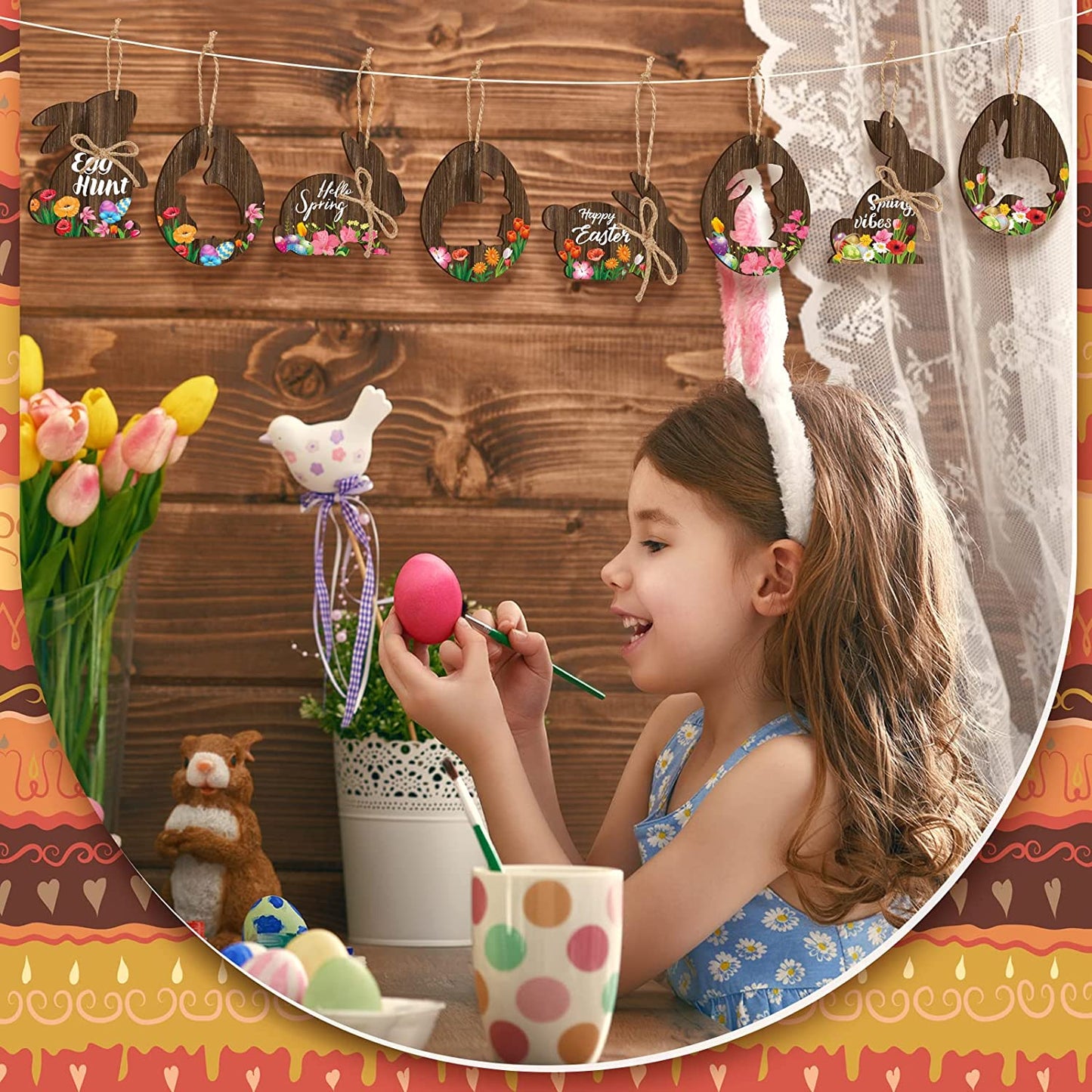 40 Pcs Easter Wooden Ornaments Vintage Bunny