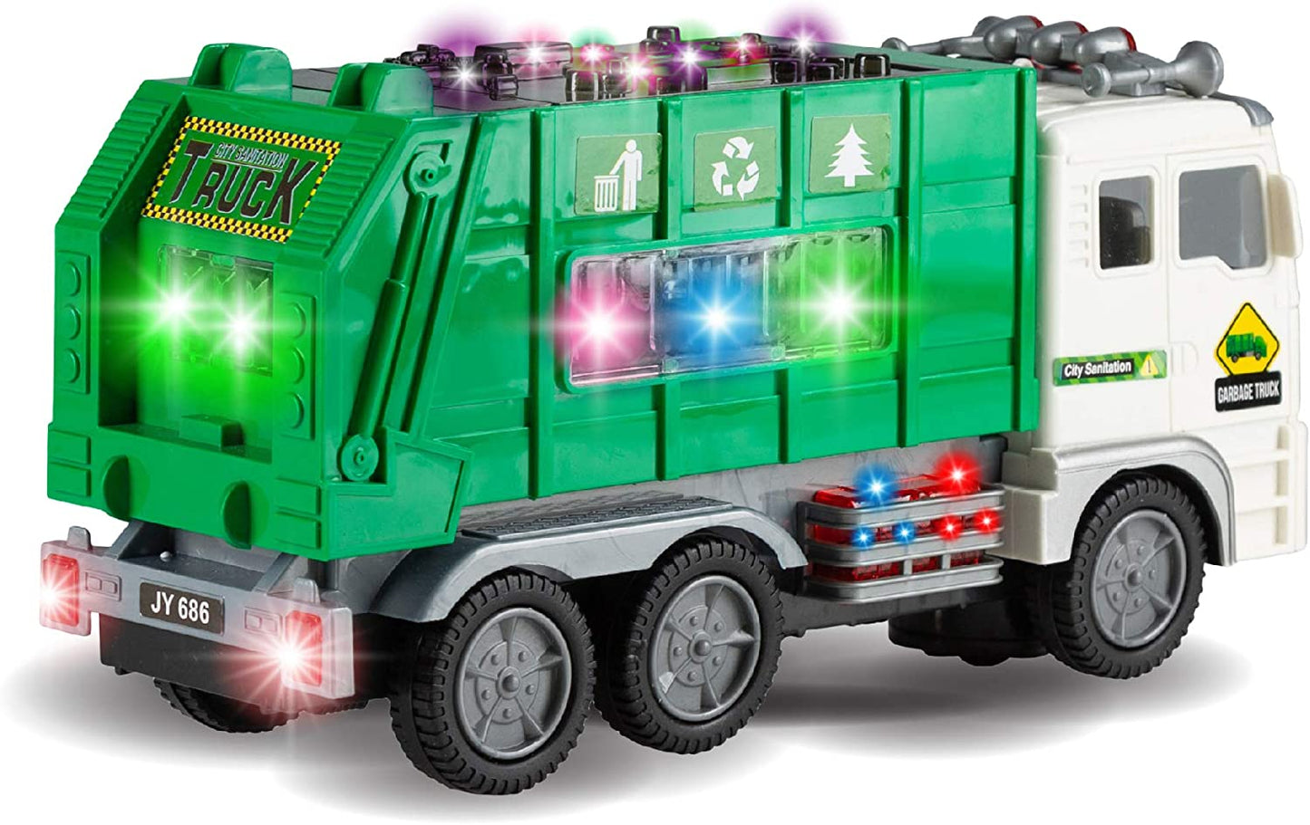 Toy Garbage Truck for Kids with 4D Lights and Sounds - Battery Operated Automatic Bump & Go Car - Sanitation Truck Stickers
