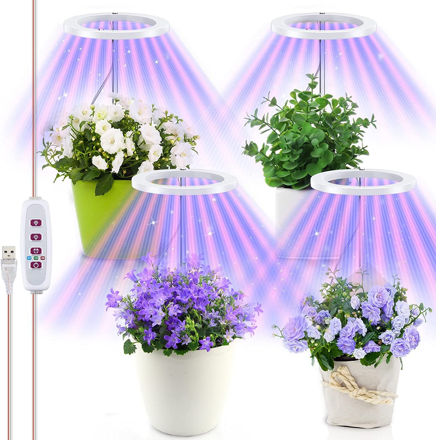 LED Grow Light for Indoor Plants 4 Heads Height Adjustable Plant Growing Lamp Plant Auto Timing Switch Annular Light, Idea for Small Plant Light Home Decoration