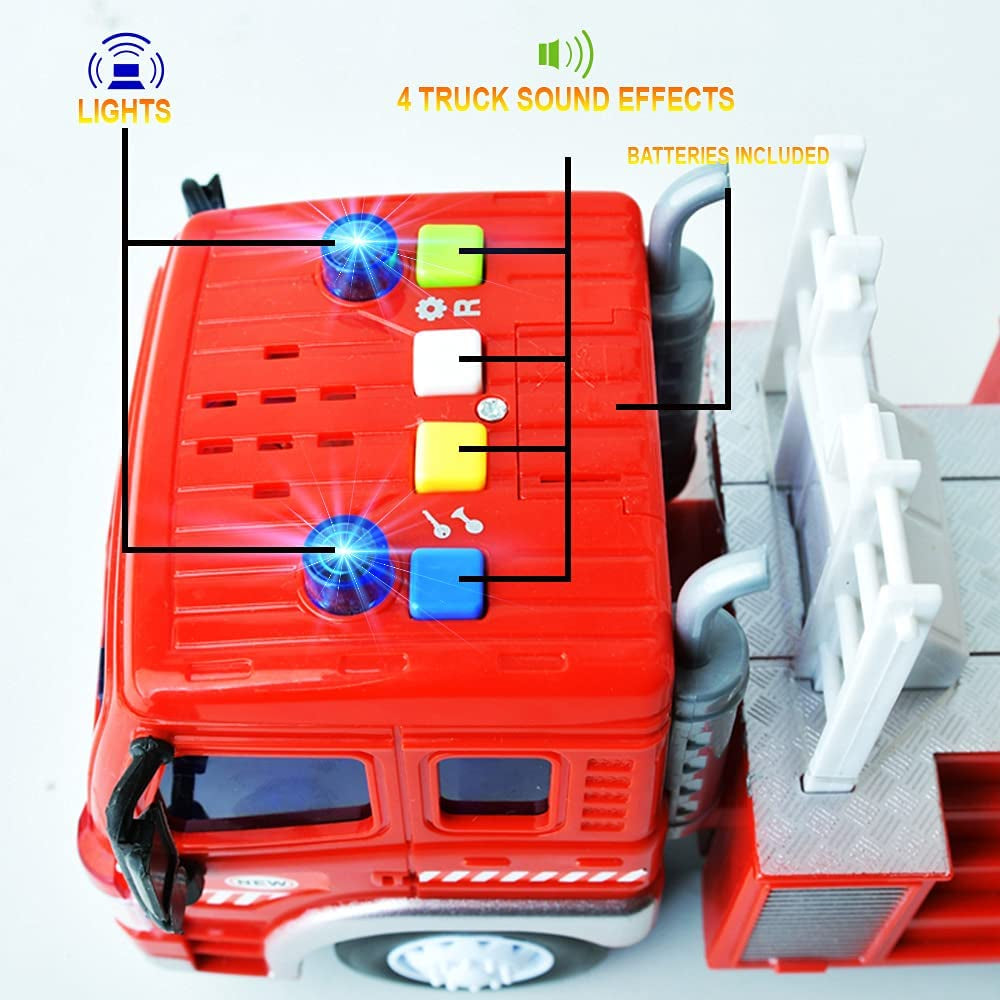 Gizmovine Fire Truck Toy Friction Power with Lights and Sounds, Extending Rescue Rotating Ladder Pull Back Construction Toys Vehicles for Toddlers Boys 4, 3, Year Old, 1:16 Scale