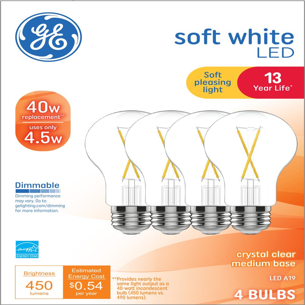  4Pk GE Soft White LED Light Bulbs, 60 Watt Eqv, A19 General Purpose