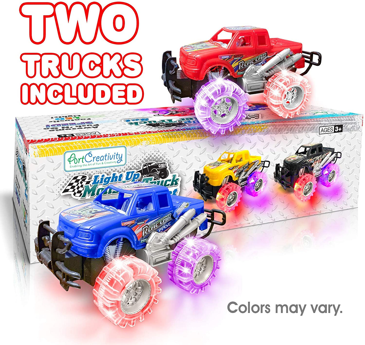 Light up Monster Truck Set for Boys and Girls by Artcreativity - Set Includes 2, 6 Inch Monster Trucks with Beautiful Flashing LED Tires - Push N Go Toy Cars Fun Gift for Kids - for Ages 3+