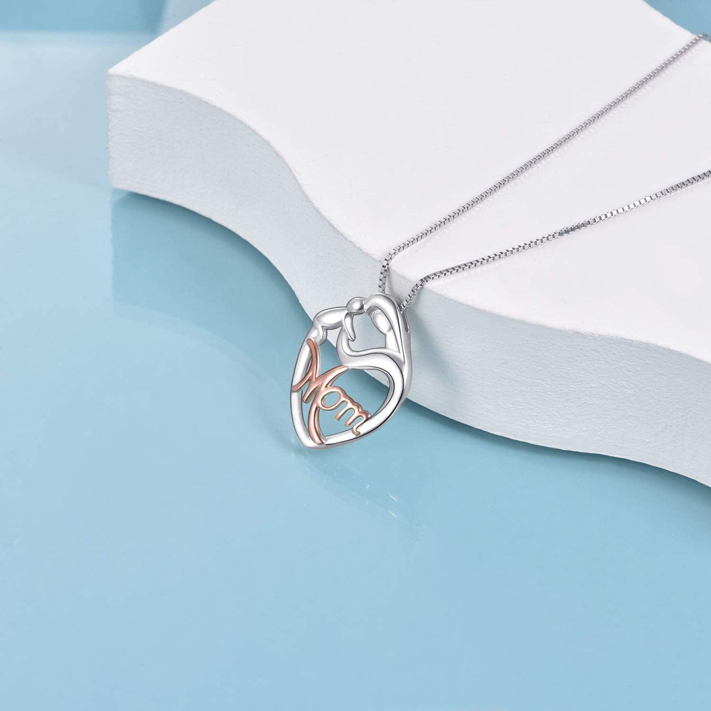  925 Sterling Silver Mother and Child Love Heart Pendant Necklace 