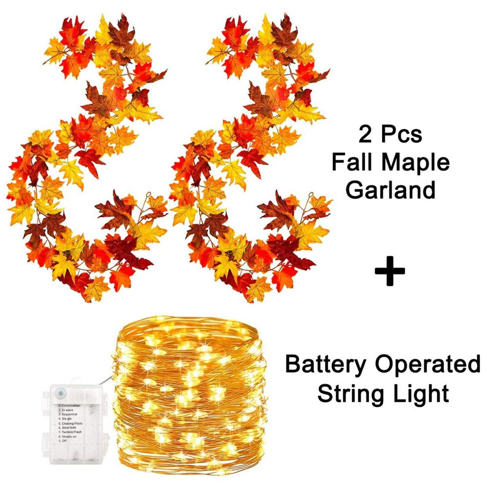 2 Pack Fall Maple Garland with 40 LED for Home Wedding Party Christmas - 5.8Ft/Pc