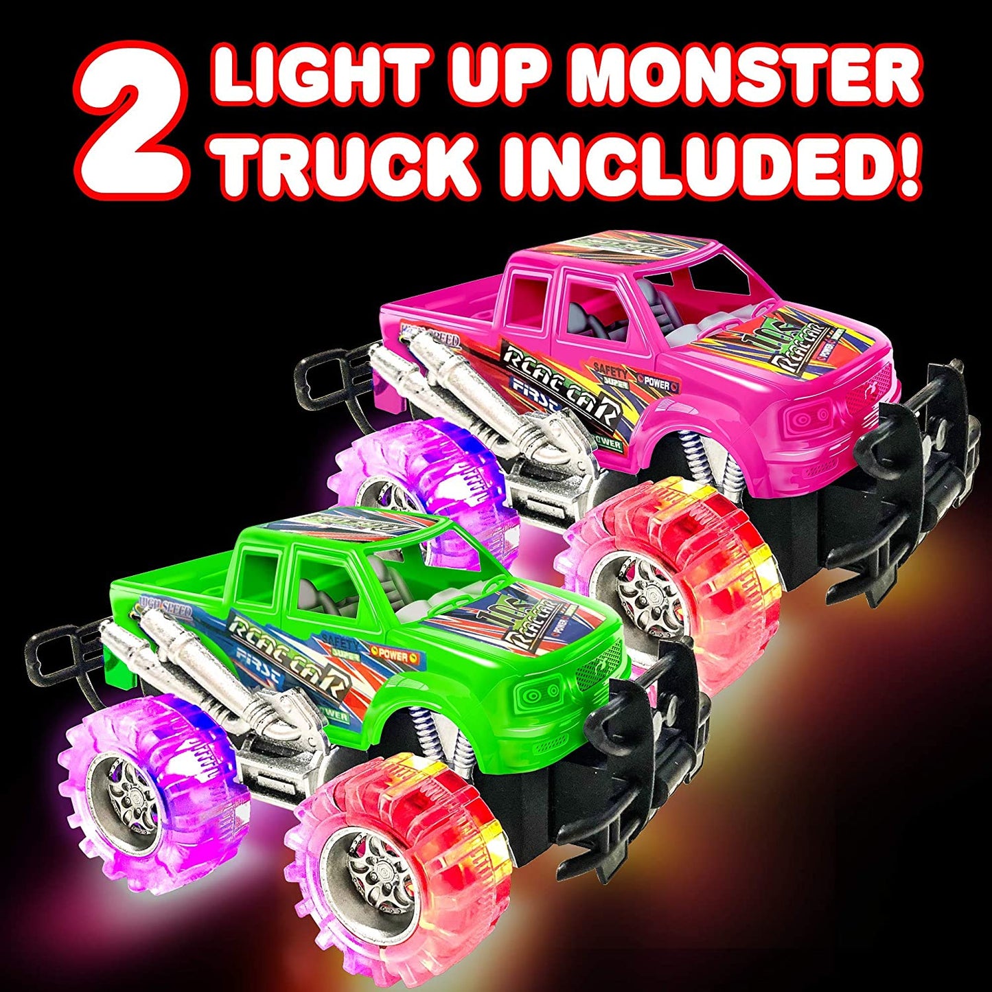 Artcreativity Pink and Green Light up Monster Truck Set for Boys and Girls, Set Includes 2, 6 Inch Monster Trucks with Beautiful Flashing LED Tires, Push N Go Toy Cars, Best Gift for Kids, for Ages 3+