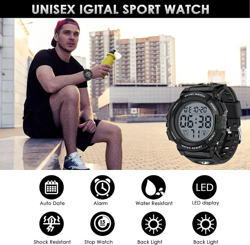 Men's Sports Watches Military Classic Stopwatch Large Dial Electronic LED Backlight Wristwatch 50M Waterproof Digital Watch for Mens with Large Number