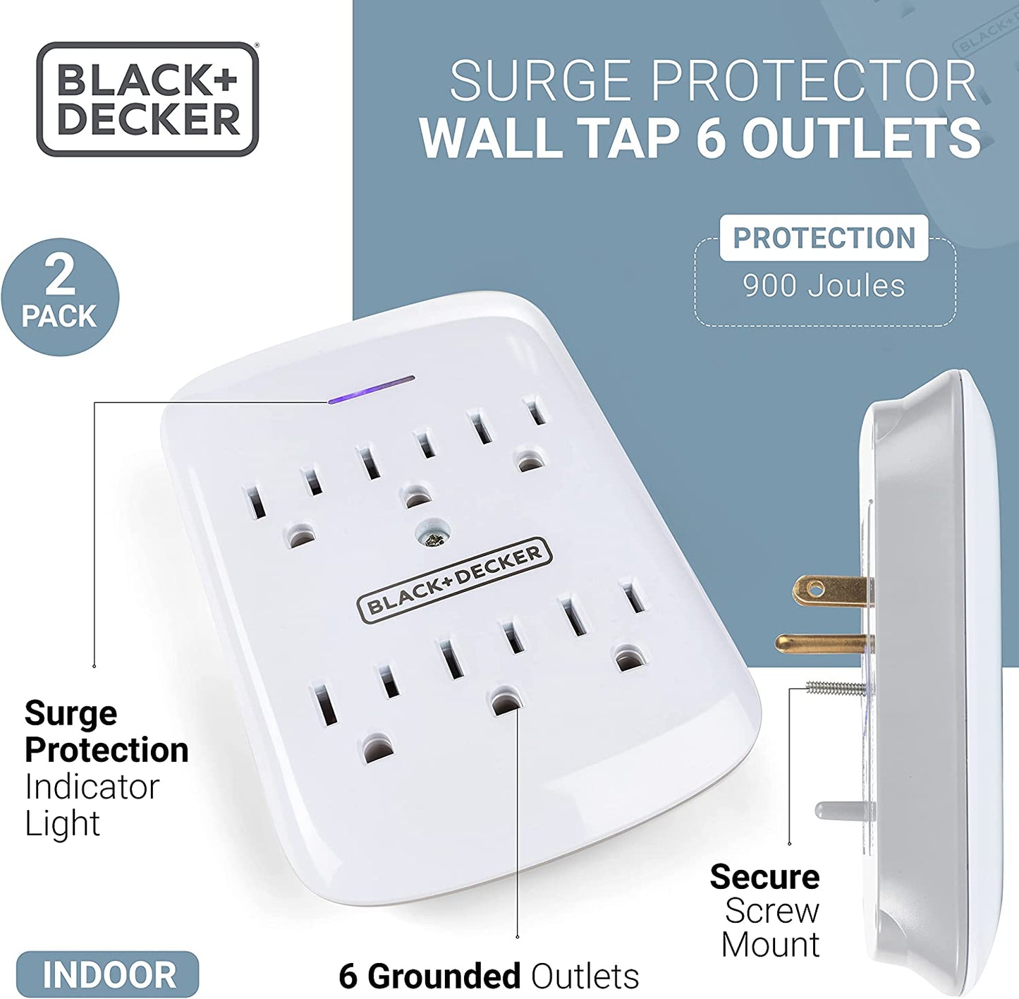 BLACK+DECKER Surge Protector Wall Mount with 6 Grounded Outlets, 2 Pack, White - Compact Power Adapter Tap with Indicator Light, Automatic Shutdown - 3-Prong Power Outlet Plug for Bathroom, Bedroom