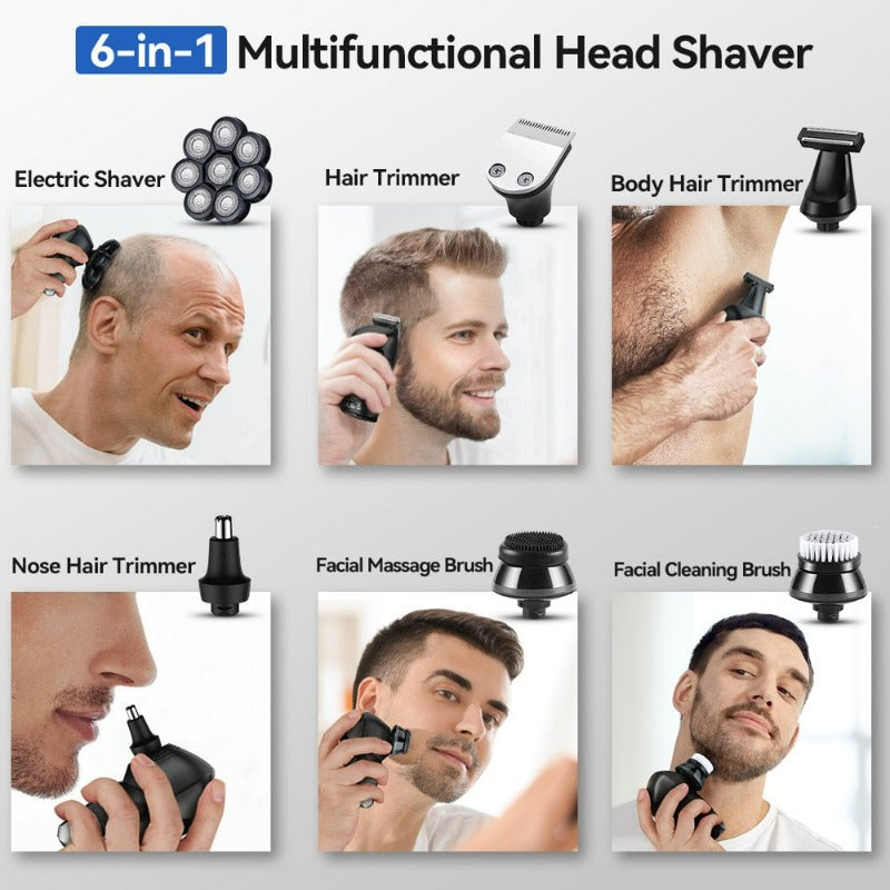 6 in 1 - 8D Head Electric Bald Head Shaver, Cordless,  IPX6 Waterproof, Rechargeable Electric Razor LED Display, Wet/Dry Use