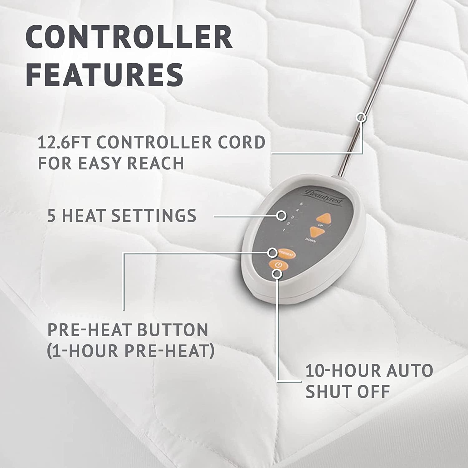 Beautyrest Cotton Blend Heated Mattress Pad Secure Comfort Technology - Luxury Quilted Electric Mattress Pad with Deep Pocket - 5-Setting Heat Controllers, Twin XL , White