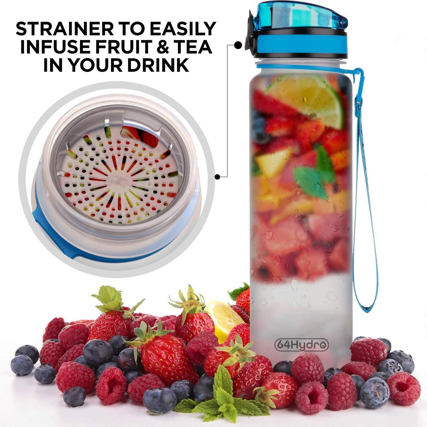 64HYDRO 32oz 1Liter Motivational Water Bottle with Time Marker & Removable Strainer, Fast Flow, Flip Top Leakproof Durable BPA Free Non-Toxic for Home, Work, Fitness, Gym and Outdoor Sports