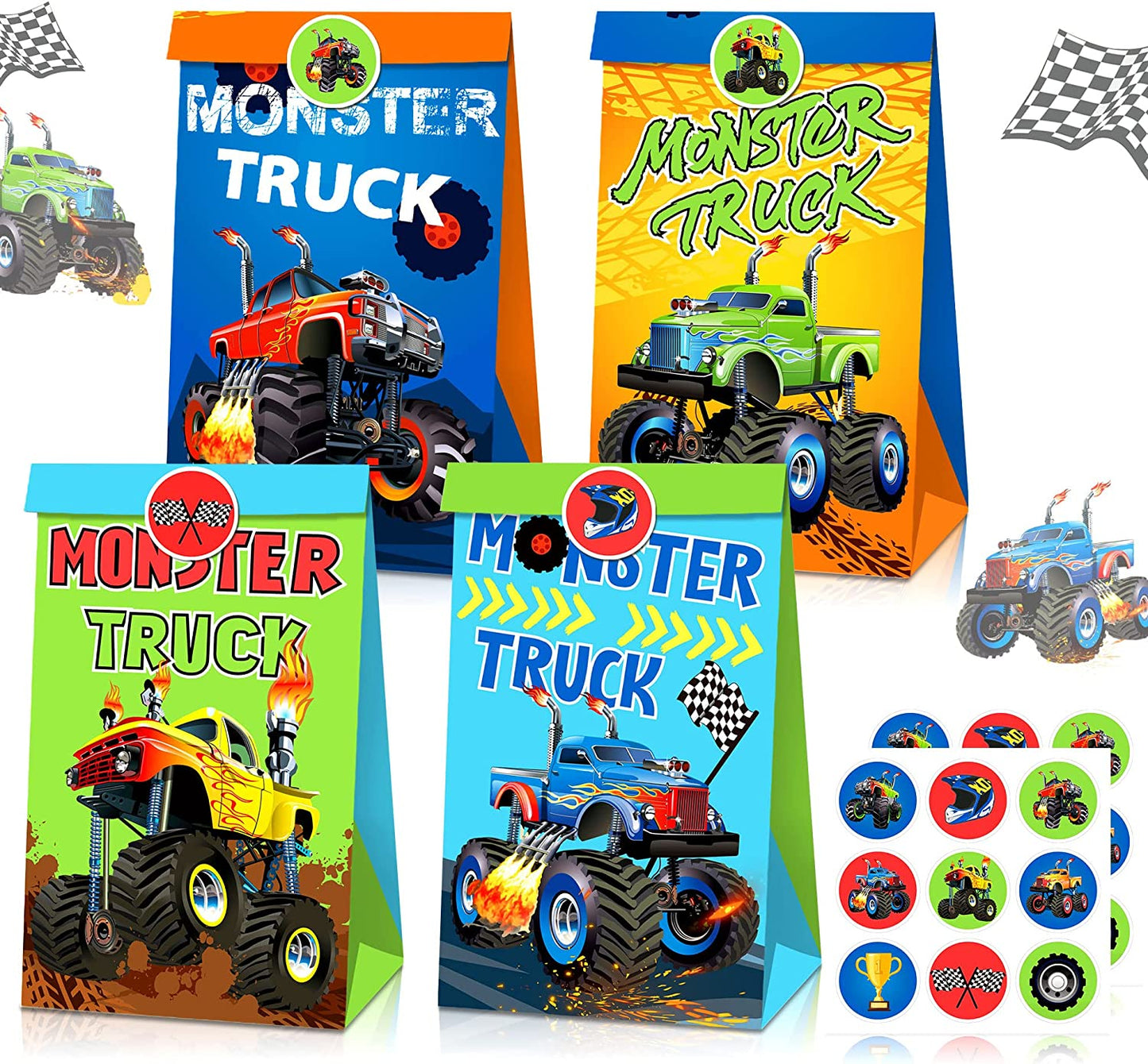 12 PCS Monster Trucks Party Favor Bags Monster Trucks Party Supplies Monster Trucks Party Favors Monster Trucks Tablecloth Monster Trucks Birthday Decoration