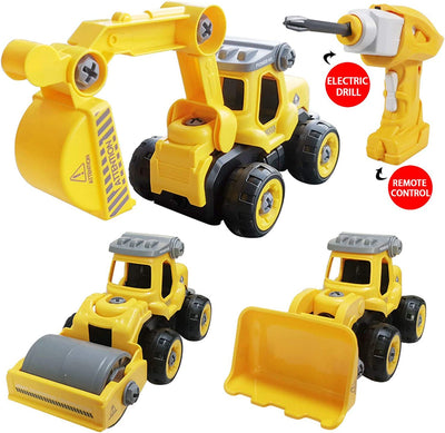 3 in 1 Construction Truck Take Apart Toys with Electric Drill, Converts to Remote Control Car, Kids DIY Stem Learning Building Toy, Gifts Toys for 3,4,5,6,7 Year Old Boys (Yellow)