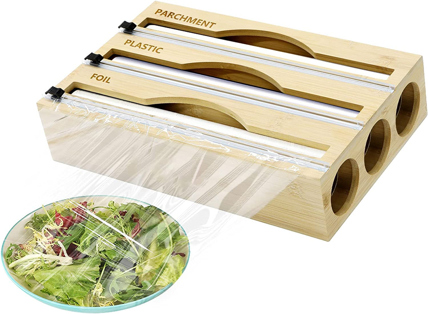 Bamboo Foil and Plastic Wrap Organizer 2 in 1 Dispenser with Slider Cutter,Aluminum Foil Organization Kitchen Drawer and Storage for Plastic Wrap, Aluminum Foil, Wax Paper Dispenser, Fits 12" Roll