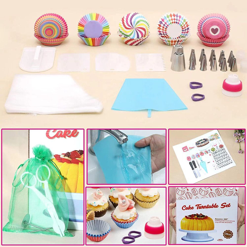 322 PCS Cake Decorating Supplies with Cake Turntable, 48 Piping Icing Tips, 100 Cupcake Wrappers, 100 Disposable Pastry Bags, for Beginners & Professional