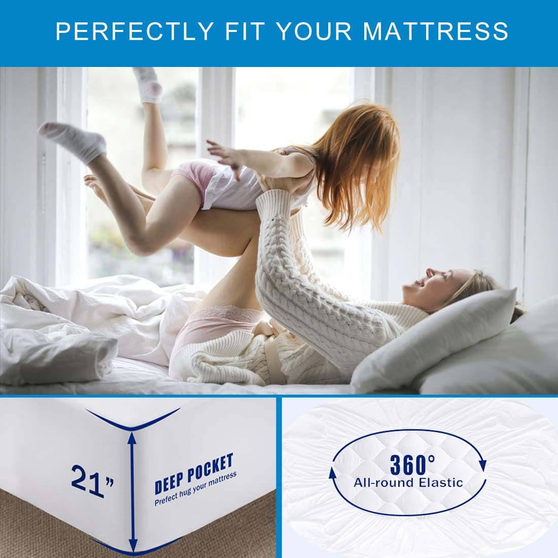 California King Size Quilted Fitted Waterproof Mattress Pad, Premium Hollow Material Filling Mattress Protector, Breathable, Quiet, Cooling, Machine-Washable Mattress Cover with 21” Deep Pocket