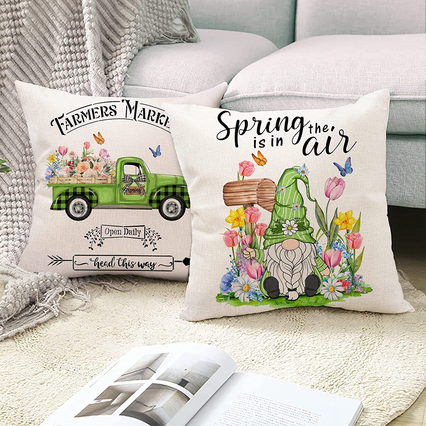  Set of 4 Farmhouse Spring Gnomes Pillowcases