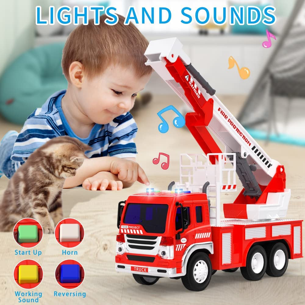 Fire Truck, Fire Truck Toy with Lights and Sounds, Extending Rescue Rotating Ladder Inertia Friction Powered Construction Vehicles Firetruck Toys, Best Gift Toy for Boys Girls Kids Ages 3-7+