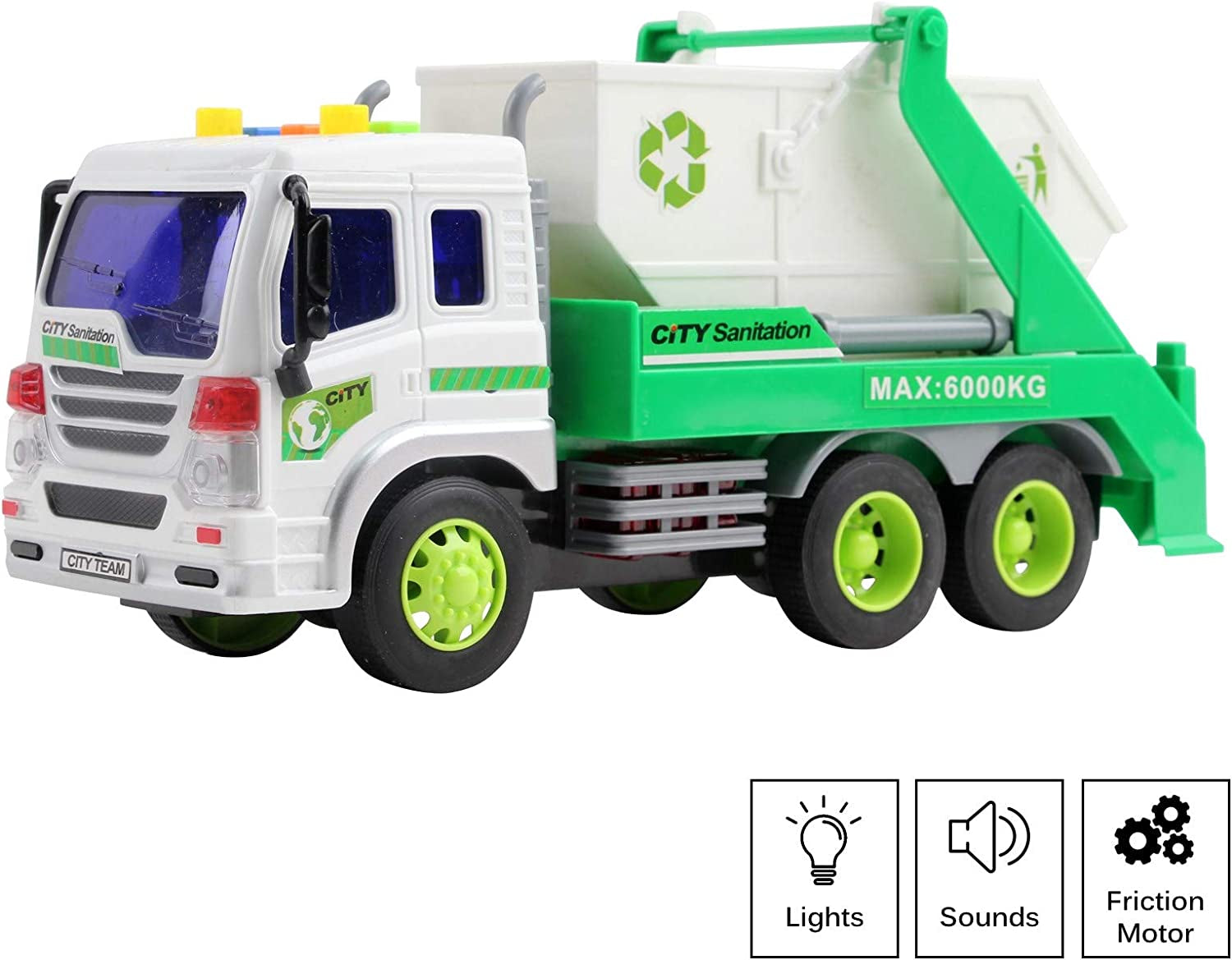 Vokodo Friction Powered Garbage Truck with Lights and Sounds Lift up Body 1:16 Scale Durable Kids Dump Sanitation Push and Go Toy Car Pretend Play Transport Vehicle Great Gift for Children Boys Girls