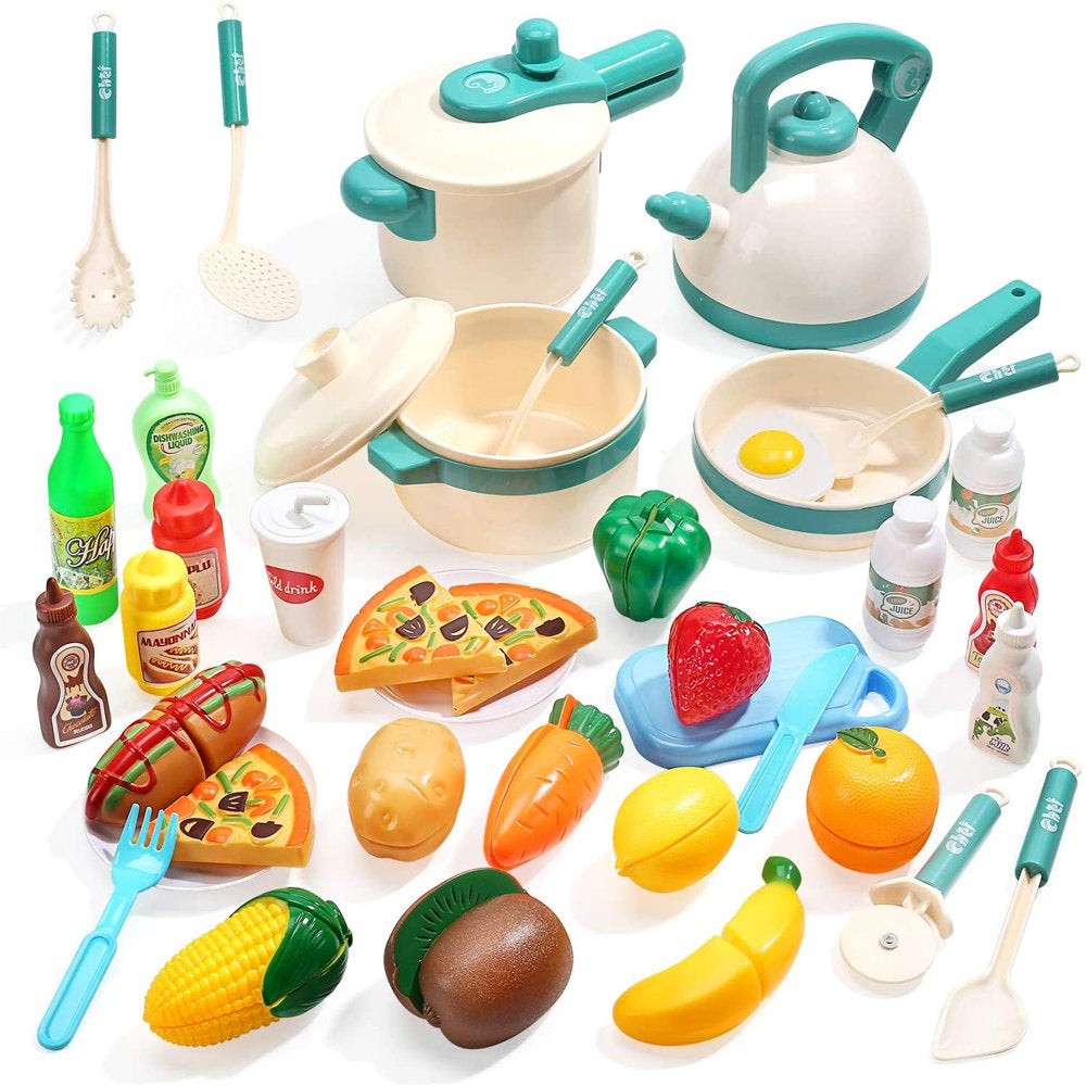 40PCS Kids Kitchen Pretend Play Toys Cooking Set with Pots and Pans Cookware Cutting Play Food Great Gift for Toddles Infant Boys Girls Play Inside