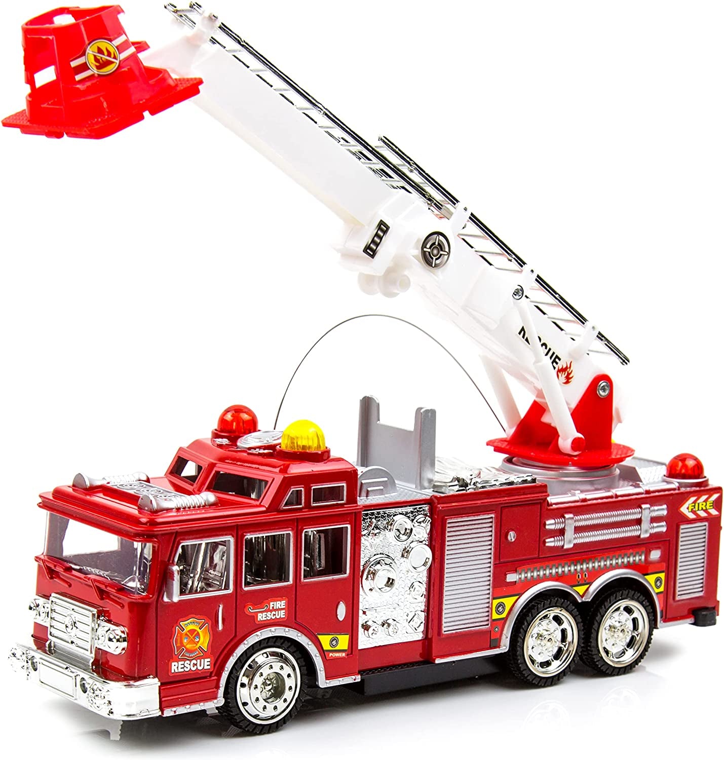 Toysery Fire Truck Toy with 3D Flashing Lights, Siren and Fire Fighter Sounds Effects. Extendable Rotating Rescue Ladder for Boys & Girls Ages 3-7+