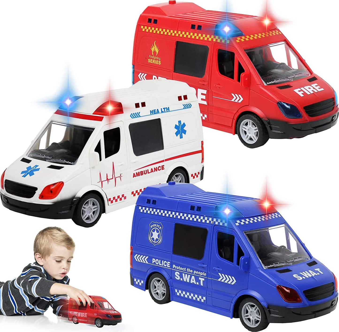 Emergency Vehicles Toy Set [3 Pack] | Ambulance, Fire Engine Truck, Police Car Toys for Boys | Friction Powered with Realistic Lights and Sounds