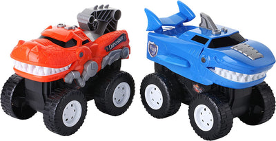 Dinosaur Monster Trucks - Set of 2 Battery Operated Toddler Truck Car Toys, Mouth Opening Monster Truck with Lights & Sounds - Roaring T-Rex, Perfect Dinosaur Shark Kids Toys for Boys & Girls