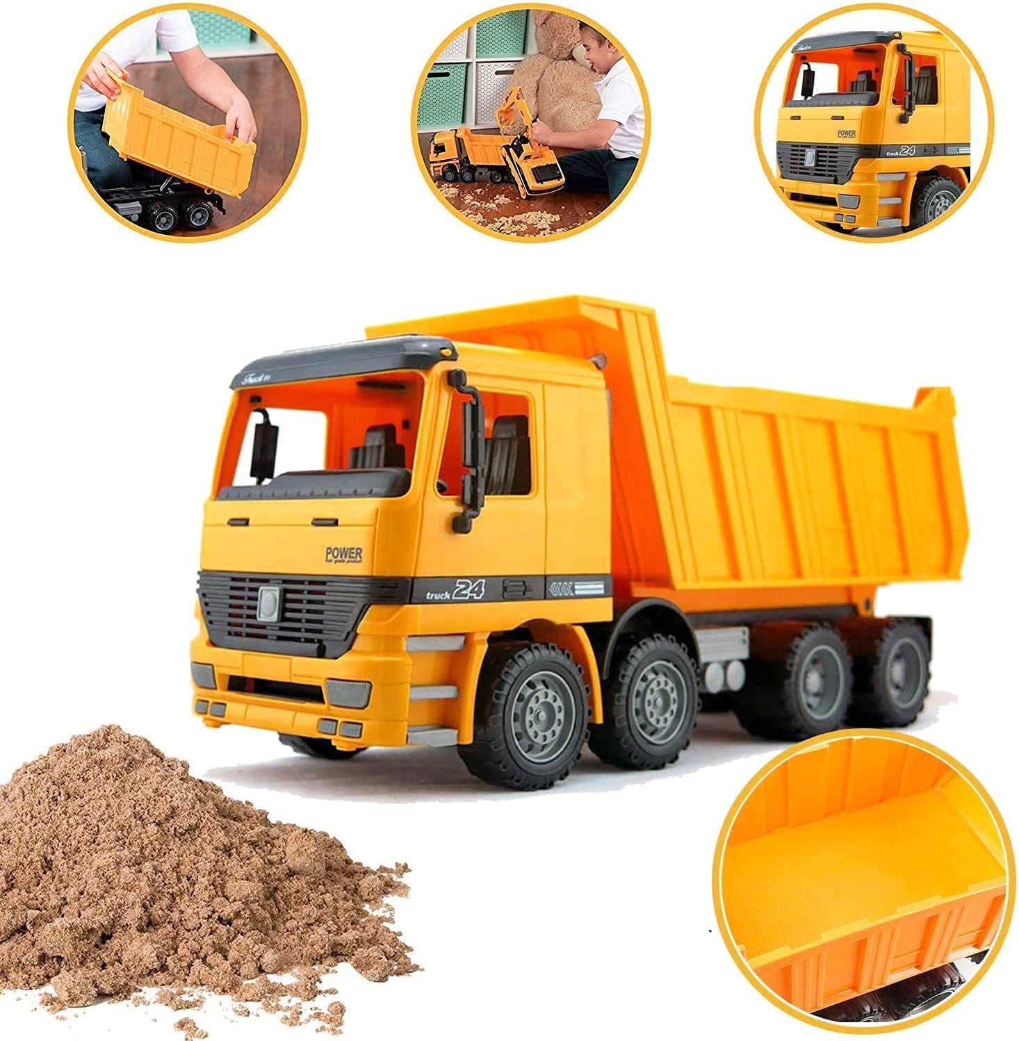 Oversized Dump Truck Toy for Kids Play, Big Friction Powered Toy Construction Vehicle with Lifting Dumping Bed